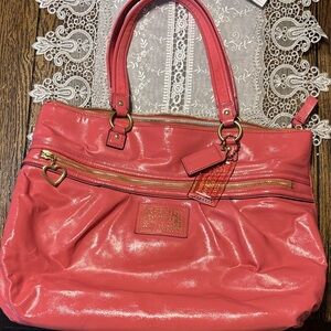 Coach Coral Patent Leather Tote with Gold Hardware. Coach poppy 2012